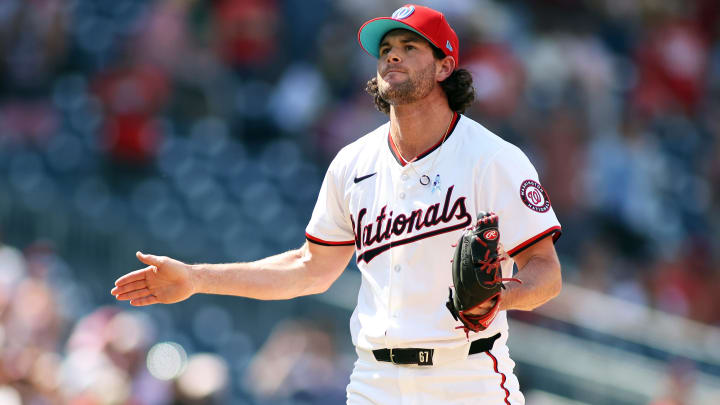 Jun 16, 2024; Washington, District of Columbia, USA; Washington Nationals pitcher Kyle Finnegan (67) celebrates after a game against the Miami Marlins at Nationals Park. Mandatory Credit: Daniel Kucin Jr.-USA TODAY Sports