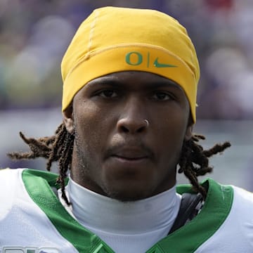 Sep 13, 2025; Evanston, Illinois, USA; Headshot of Oregon Ducks wide receiver Dakorien Moore (1)  against the Northwestern Wildcats during the second half at Northwestern Medicine Field at Martin Stadium. Mandatory Credit: David Banks-Imagn Images