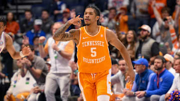 Mar 16, 2025; Nashville, TN, USA;  Tennessee Volunteers guard Zakai Zeigler (5) reacts after a made three point basket  against the Florida Gators during the first half at the 2025 SEC Championship Game at Bridgestone Arena. Mandatory Credit: Steve Roberts-Imagn Images