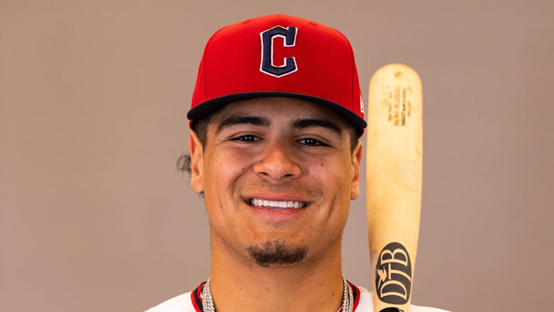 Feb 19, 2026; Goodyear, AZ, USA; Cleveland Guardians first baseman Ralphy Velazquez (87) during media day in Goodyear. Mandatory Credit: Arianna Grainey-Imagn Images