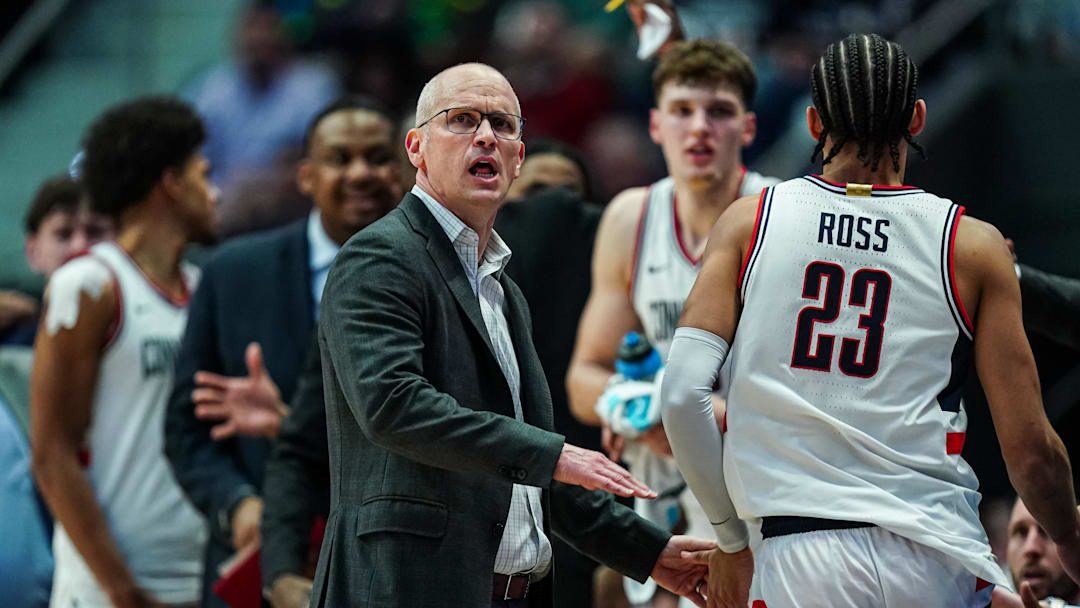 Dec 16, 2025; Storrs, Connecticut, USA; UConn Huskies head coach Dan Hurley reacts with forward Jayden Ross (23) from the sideline as they take on the Butler Bulldogs at Harry A. Gampel Pavilion. Mandatory Credit: David Butler II-Imagn Images