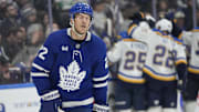Oct 24, 2024; Toronto, Ontario, CAN; Toronto Maple Leafs defenseman Jake McCabe (22) reacts as the St. Louis Blues celebrate a goal by forward Alexandre Texier (not pictured) during the second period at Scotiabank Arena. Mandatory Credit: John E. Sokolowski-Imagn Images