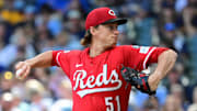 Sep 28, 2025; Milwaukee, Wisconsin, USA;  Cincinnati Reds starting pitcher Brady Singer (51) throws against the Milwaukee Brewers in the first inning at American Family Field. Mandatory Credit: Benny Sieu-Imagn Images