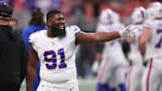 Oct 13, 2025; Atlanta, Georgia, USA; Buffalo Bills defensive tackle Ed Oliver (91) warms up prior to a game against the Atlanta Falcons at Mercedes-Benz Stadium. Mandatory Credit: Brett Davis-Imagn Images