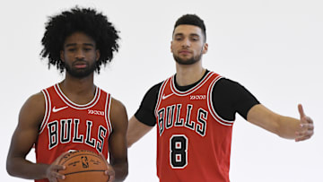 Sep 30, 2019; Chicago, IL, USA; Chicago Bulls guard Zach LaVine (8) and guard Coby White (0) pose for photos during Chicago Bulls media day at the Advocate Center. Mandatory Credit: David Banks-Imagn Images
