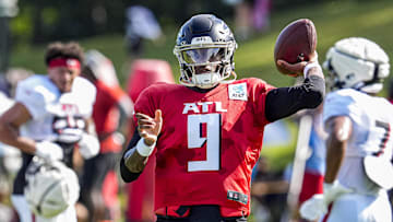 Jul 29, 2025; Atlanta, GA, USA; Atlanta Falcons quarterback Michael Penix Jr. (9) passes the ball during practice at training camp at IBM Performance Field. Mandatory Credit: Dale Zanine-Imagn Images