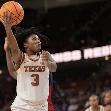 Mar 7, 2025; Greenville, SC, USA; Texas Longhorns guard Rori Harmon (3) makes a shot against the Ole Miss Rebels during the second half at Bon Secours Wellness Arena.