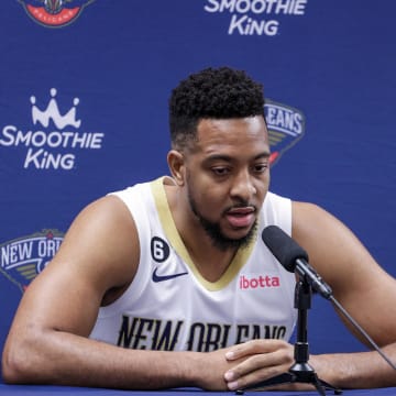 Sep 26, 2022; New Orleans, LA, USA;   New Orleans Pelicans guard CJ McCollum (3) during a press conference at the New Orleans Pelicans Media Day from the Smoothie King Center. Mandatory Credit: Stephen Lew-USA TODAY Sports