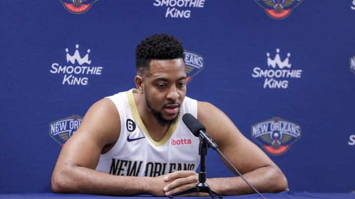 Sep 26, 2022; New Orleans, LA, USA; New Orleans Pelicans guard CJ McCollum (3) during a press conference at the New Orleans Pelicans Media Day from the Smoothie King Center. Mandatory Credit: Stephen Lew-USA TODAY Sports Sep 26, 2022; New Orleans, LA, USA; New Orleans Pelicans guard CJ McCollum (3) during a press conference at the New Orleans Pelicans Media Day from the Smoothie King Center. Mandatory Credit: Stephen Lew-USA TODAY Sports