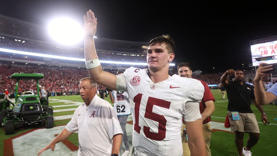 Ty Simpson waves to fans after leading the Alabama Crimson Tide to a win over the Georgia Bulldogs.