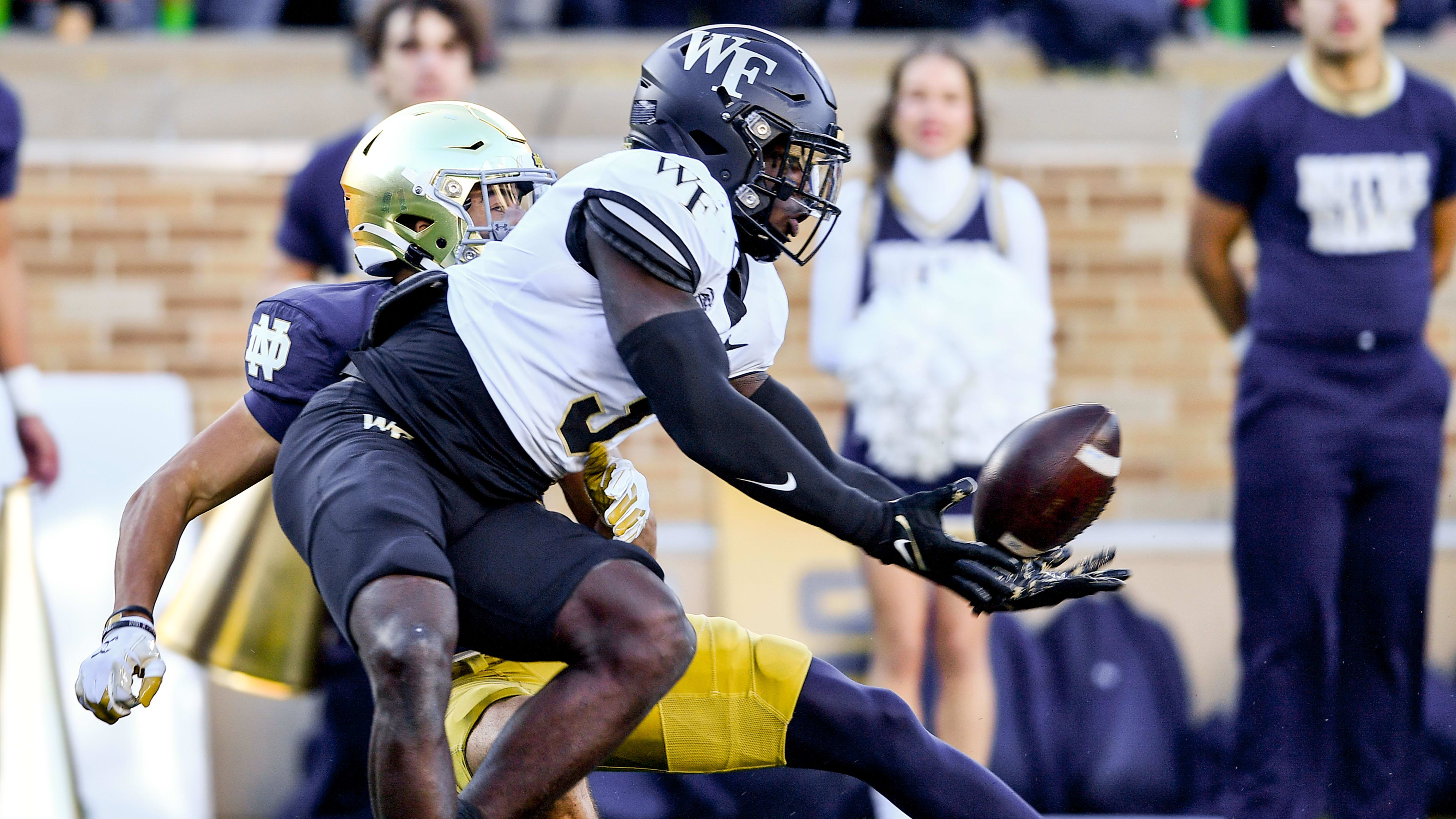 Wake Forest Demon Deacons safety Malik Mustapha (3) breaks up a pass.