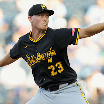Jul 8, 2025; Kansas City, Missouri, USA; Pittsburgh Pirates starting pitcher Mitch Keller (23) pitches during the first inning against the Kansas City Royals at Kauffman Stadium. Mandatory Credit: Jay Biggerstaff-Imagn Images