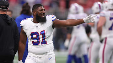 Oct 13, 2025; Atlanta, Georgia, USA; Buffalo Bills defensive tackle Ed Oliver (91) warms up prior to a game against the Atlanta Falcons at Mercedes-Benz Stadium.