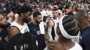 Jul 10, 2024; Las Vegas, Nevada, USA; Members of the USA team huddle together after defeating Canada in the USA Basketball Showcase at T-Mobile Arena. Mandatory Credit: Candice Ward-USA TODAY Sports