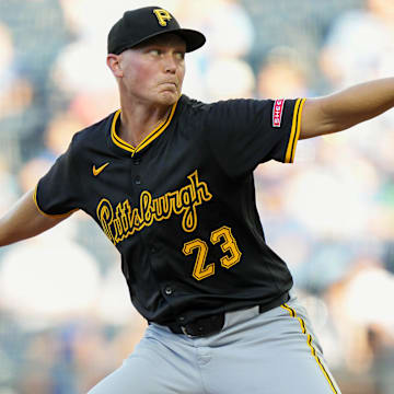Jul 8, 2025; Kansas City, Missouri, USA; Pittsburgh Pirates starting pitcher Mitch Keller (23) pitches during the first inning against the Kansas City Royals at Kauffman Stadium. Mandatory Credit: Jay Biggerstaff-Imagn Images