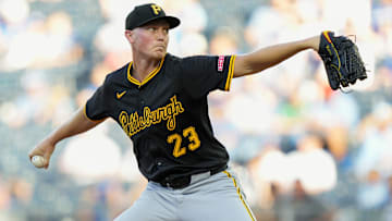 Jul 8, 2025; Kansas City, Missouri, USA; Pittsburgh Pirates starting pitcher Mitch Keller (23) pitches during the first inning against the Kansas City Royals at Kauffman Stadium. Mandatory Credit: Jay Biggerstaff-Imagn Images
