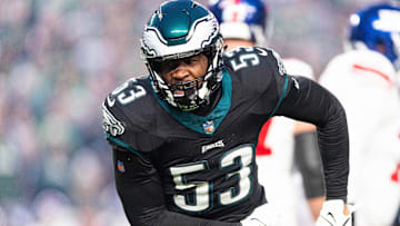 Former Philadelphia Eagles linebacker Shaquille Leonard (53) reacts after a defensive stop against the New York Giants during the first quarter at Lincoln Financial Field.