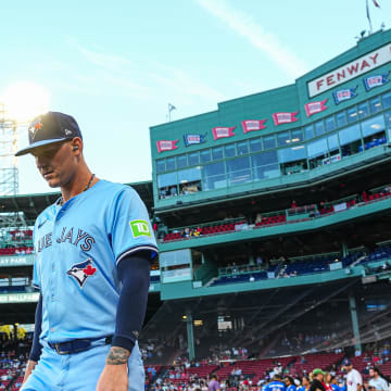 Aug 29, 2024; Boston, Massachusetts, USA; Toronto Blue Jays starting pitcher Bowden Francis (44) walks to the bullpen before the start of the game against the Boston Red Sox at Fenway Park.