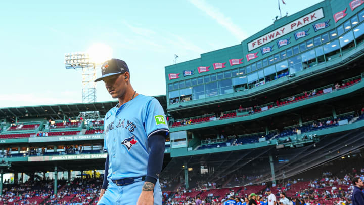 Aug 29, 2024; Boston, Massachusetts, USA; Toronto Blue Jays starting pitcher Bowden Francis (44) walks to the bullpen before the start of the game against the Boston Red Sox at Fenway Park.