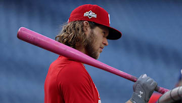 Oct 4, 2025; Philadelphia, Pennsylvania, USA; Philadelphia Phillies third baseman Alec Bohm before game one of the NLDS round of the 2025 MLB playoffs against the Los Angeles Dodgers at Citizens Bank Park.