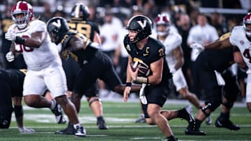 Vanderbilt Commodores quarterback Diego Pavia (2) runs against the Alabama Crimson Tide during their game at Vanderbilt Stadium in Nashville, Tenn., Saturday, Oct. 5, 2024.