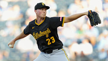 Jul 8, 2025; Kansas City, Missouri, USA; Pittsburgh Pirates starting pitcher Mitch Keller (23) pitches during the first inning against the Kansas City Royals at Kauffman Stadium. Mandatory Credit: Jay Biggerstaff-Imagn Images