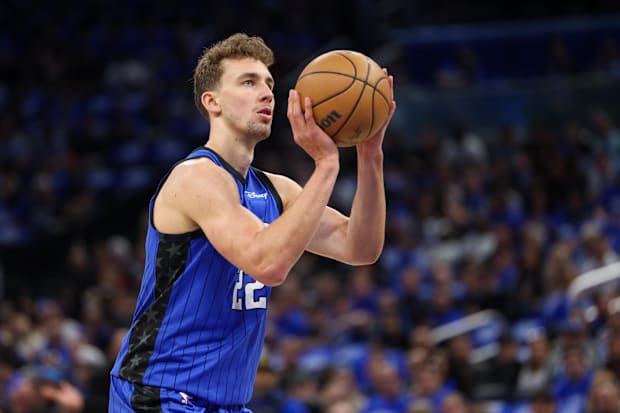 Orlando Magic wing Franz Wagner shoots a free throw in an NBA playoff games versus the Cleveland Cavaliers.