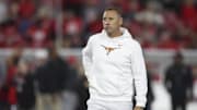 Nov 15, 2025; Athens, Georgia, USA; Texas Longhorns head coach Steve Sarkisian looks on prior to a game against the Georgia Bulldogs at Sanford Stadium. Mandatory Credit: Brett Davis-Imagn Images
