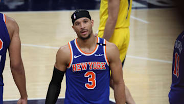 May 27, 2025; Indianapolis, Indiana, USA; New York Knicks guard Josh Hart (3) walks off court after fouling out during the fourth quarter against the Indiana Pacers in game four of the eastern conference finals for the 2025 NBA Playoffs at Gainbridge Fieldhouse. Mandatory Credit: Trevor Ruszkowski-Imagn Images
