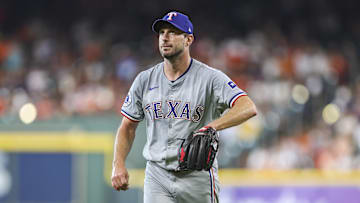Jul 14, 2024; Houston, Texas, USA; Texas Rangers starting pitcher Max Scherzer (31) walks off the mound after pitching during the second inning against the Houston Astros at Minute Maid Park. 