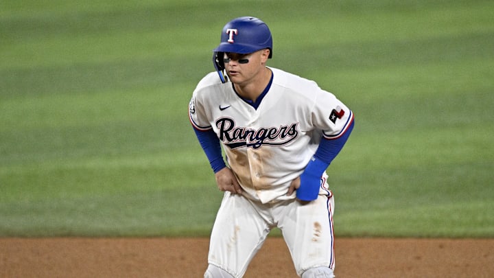Apr 6, 2026; Arlington, Texas, USA; Texas Rangers designated hitter Joc Pederson (3) looks on during the game between the Rangers and the Mariners at Globe Life Field. Mandatory Credit: Jerome Miron-Imagn Images
