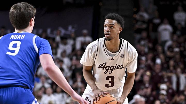 Mar 3, 2026; College Station, Texas, USA; Texas A&M Aggies guard Rylan Griffen (3) dribbles the ball during the second half against the Kentucky Wildcats at Reed Arena. Mandatory Credit: Maria Lysaker-Imagn Images 