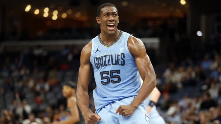 Mar 12, 2024; Memphis, Tennessee, USA; Memphis Grizzlies center Trey Jemison (55) 
eacts after a dunk during the second half against the Washington Wizards at FedExForum. Mandatory Credit: Petre Thomas-USA TODAY Sports