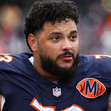 Oct 19, 2025; Chicago, Illinois, USA; Chicago Bears guard Jonah Jackson (73) reacts during the second half at Soldier Field. Mandatory Credit: Mike Dinovo-Imagn Images