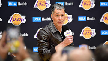 Feb 4, 2025; El Segundo, CA, USA; Los Angeles Lakers vice president of basketball operations and general manager Rob Pelinka speaks before introducing Luka Doncic at UCLA Health Training Center. Mandatory Credit: Gary A. Vasquez-Imagn Images