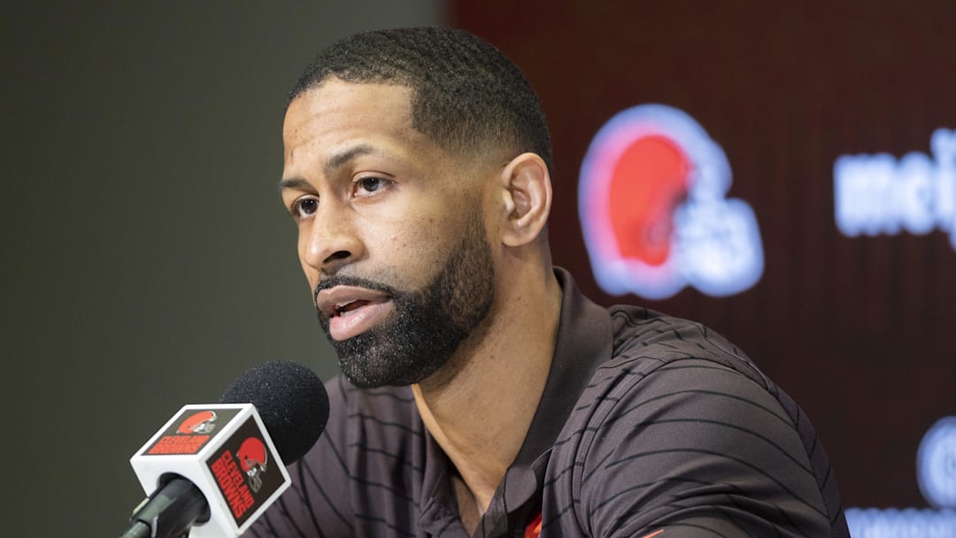 Mar 25, 2022; Berea, OH, USA; Cleveland Browns general manager Andrew Berry talks with the media during a press conference to introduce new quarterback Deshaun Watson at the CrossCountry Mortgage Campus. Mandatory Credit: Ken Blaze-Imagn Images

