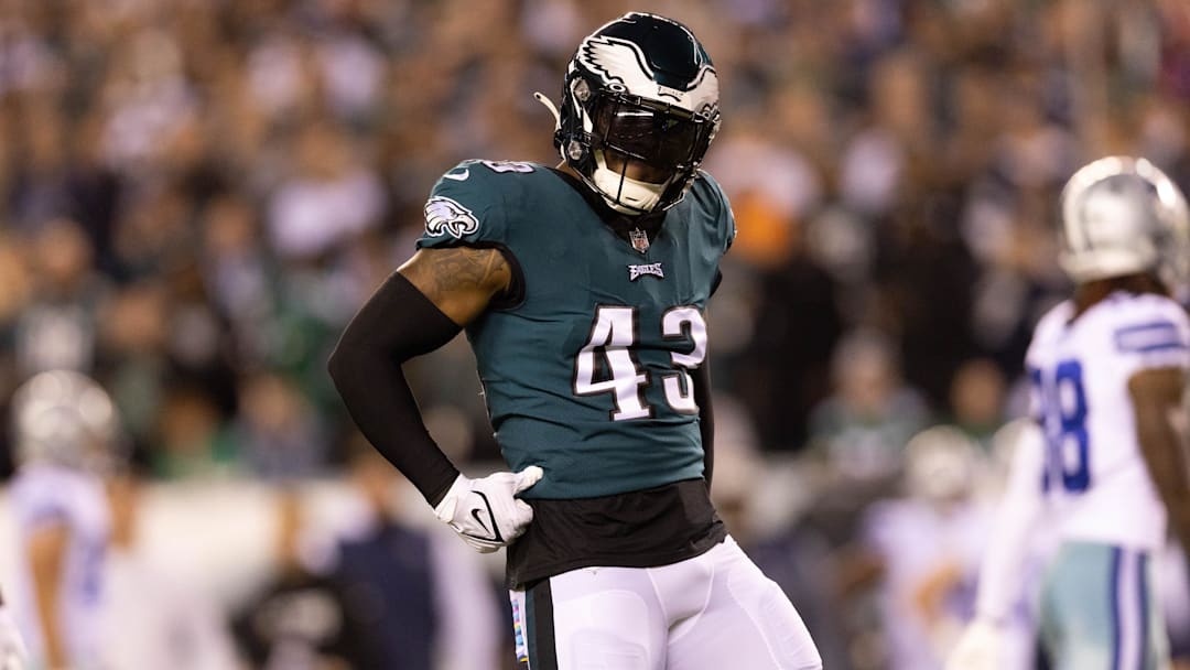 Oct 16, 2022; Philadelphia, Pennsylvania, USA; Philadelphia Eagles linebacker Kyzir White (43) reacts against the Dallas Cowboys at Lincoln Financial Field.