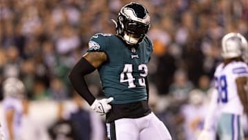 Oct 16, 2022; Philadelphia, Pennsylvania, USA; Philadelphia Eagles linebacker Kyzir White (43) reacts against the Dallas Cowboys at Lincoln Financial Field.