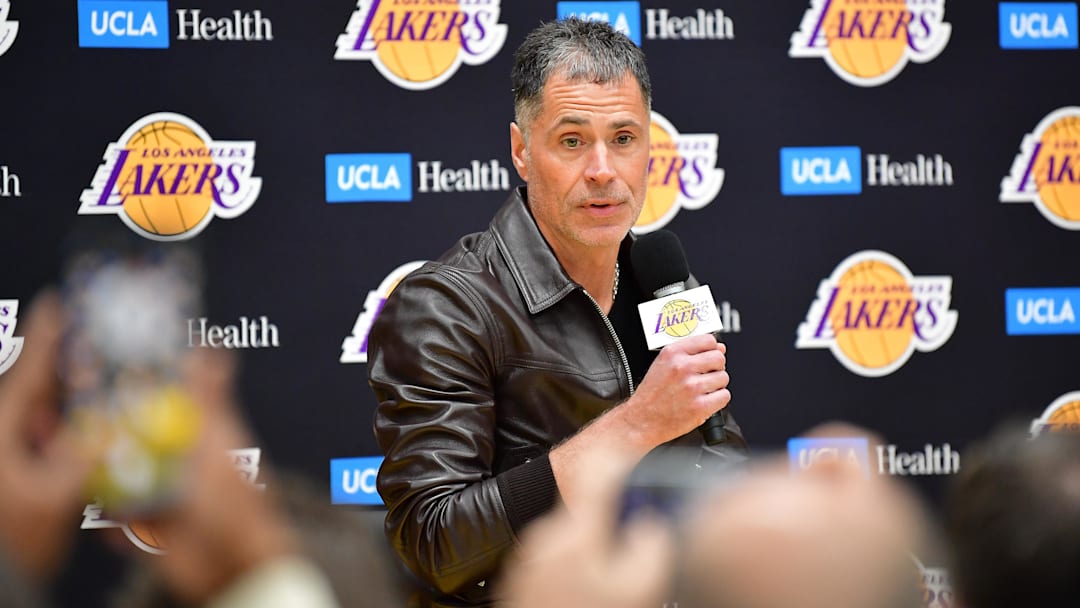 Feb 4, 2025; El Segundo, CA, USA; Los Angeles Lakers vice president of basketball operations and general manager Rob Pelinka speaks before introducing Luka Doncic at UCLA Health Training Center. Mandatory Credit: Gary A. Vasquez-Imagn Images