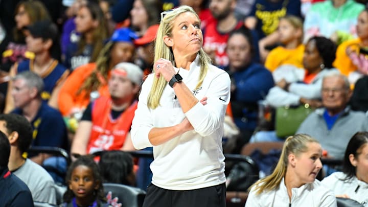 Sep 22, 2024; Uncasville, Connecticut, USA; Indiana Fever head coach Christie Sides during game one of the first round of the 2024 WNBA Playoffs at Mohegan Sun Arena. Mandatory Credit: Mark Smith-Imagn Images