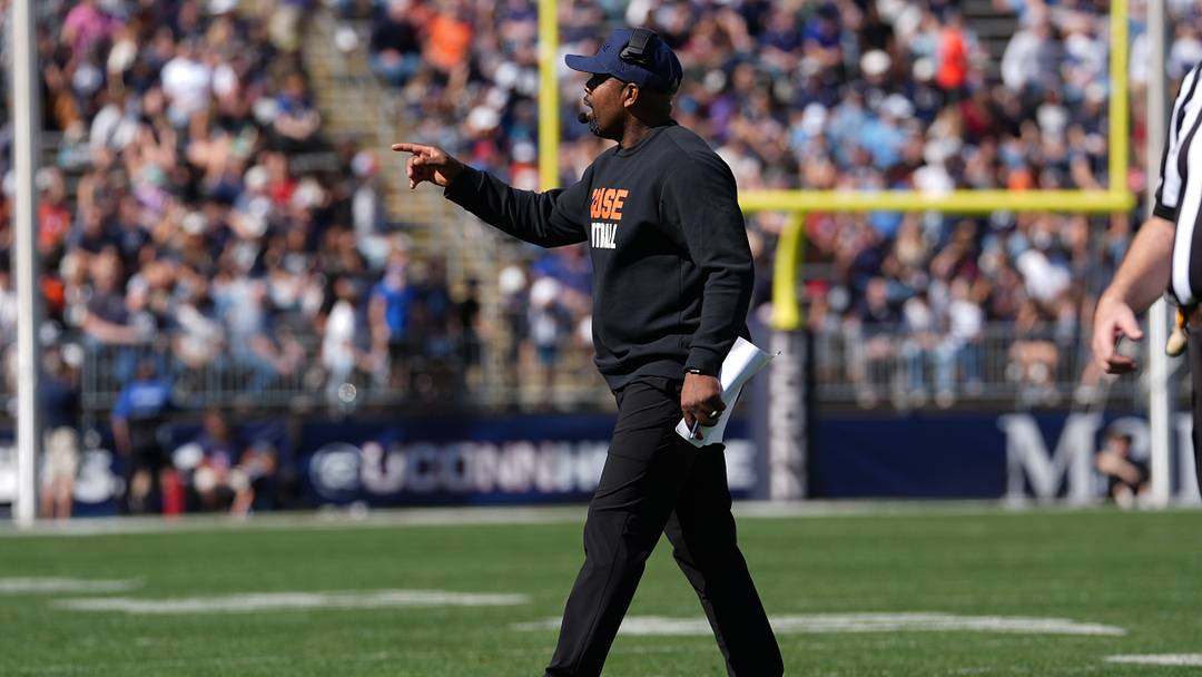 Oct 3, 2026; East Hartford, Connecticut, USA; Syracuse Orange head coach Fran Brown points to his players on the sideline during the first half against the Connecticut Huskies at Pratt & Whitney Stadium at Rentschler Field. Mandatory Credit: Gregory Fisher-Imagn Images Oct 3, 2026; East Hartford, Connecticut, USA; Syracuse Orange head coach Fran Brown points to his players on the sideline during the first half against the Connecticut Huskies at Pratt & Whitney Stadium at Rentschler Field. Mandatory Credit: Gregory Fisher-Imagn Images