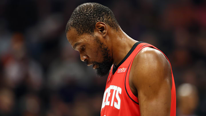 Apr 7, 2026; Phoenix, Arizona, USA; Houston Rockets forward Kevin Durant (7) reacts against the Phoenix Suns at Mortgage Matchup Center. Mandatory Credit: Mark J. Rebilas-Imagn Images
