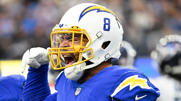 Dec 18, 2022; Inglewood, California, USA; Los Angeles Chargers linebacker Kyle Van Noy (8) lets out a yell as he celebrate sacking Tennessee Titans quarterback Ryan Tannehill (not pictured) in the third quarter at SoFi Stadium. Mandatory Credit: Robert Hanashiro-Imagn Images