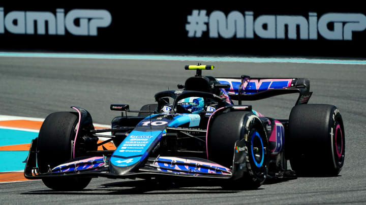 May 3, 2024; Miami Gardens, Florida, USA; Alpine driver Pierre Gasley (10) races into turn one during F1 practice at Miami International Autodrome. Mandatory Credit: John David Mercer-USA TODAY Sports