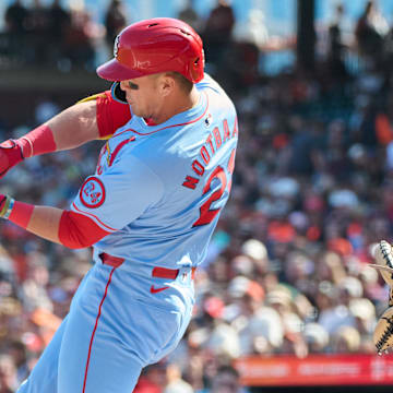 Sep 28, 2024; San Francisco, California, USA; St. Louis Cardinals outfielder Lars Nootbaar (21) bats against the San Francisco Giants during the fifth inning at Oracle Park.