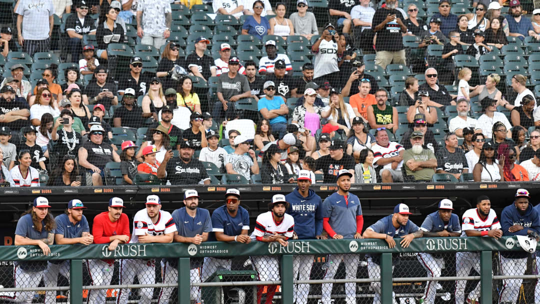 Oct 1, 2023; Chicago, Illinois, USA; The Chicago White Sox bench, players, and fans are seen during