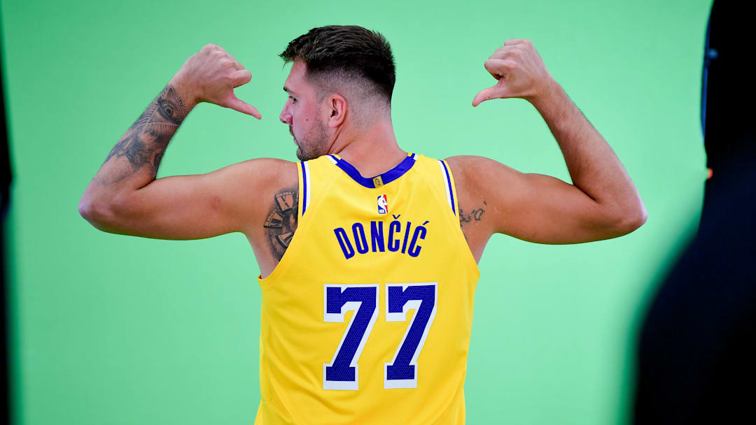 Sep 29, 2025; Los Angeles, CA, USA; Los Angeles Lakers guard Luka Doncic (77) during media day at UCLA Health Training Center. Mandatory Credit: Gary A. Vasquez-Imagn Images