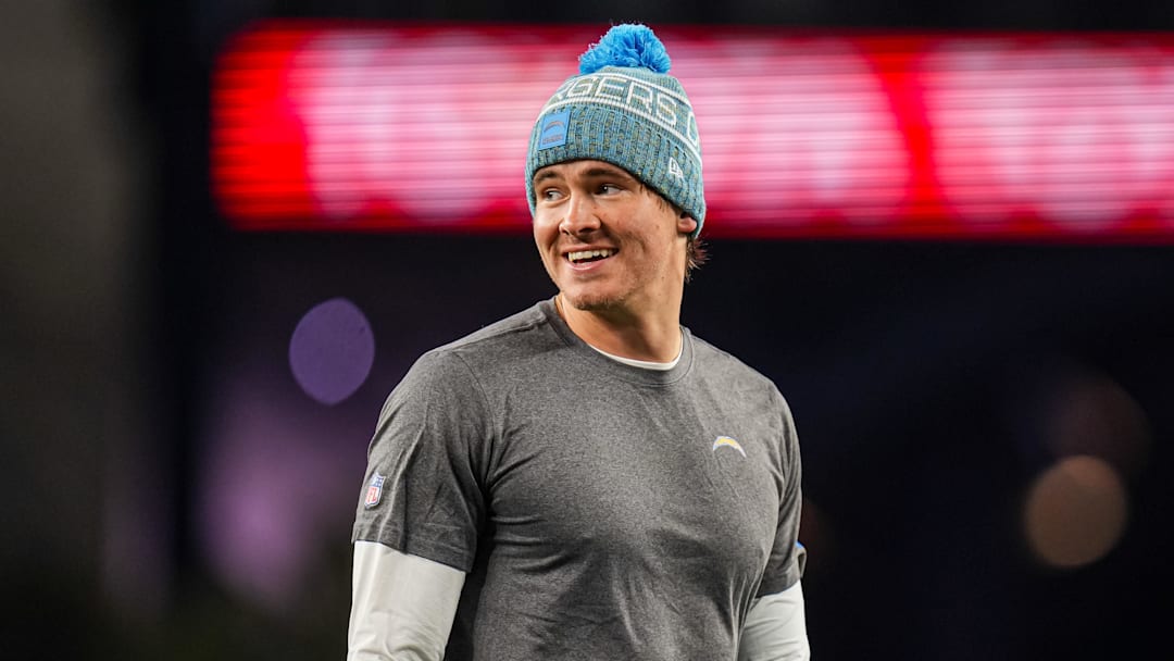 Jan 11, 2026; Foxborough, MA, USA; Los Angeles Chargers quarterback Justin Herbert (10) looks on before the game against the New England Patriots in an AFC Wild Card Round game at Gillette Stadium. Mandatory Credit: David Butler II-Imagn Images