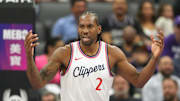 Apr 11, 2025; Sacramento, California, USA; Los Angeles Clippers forward Kawhi Leonard (2) reacts during the first quarter against the Sacramento Kings at Golden 1 Center. Mandatory Credit: Darren Yamashita-Imagn Images