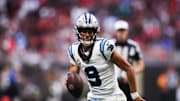 Nov 16, 2025; Atlanta, Georgia, USA; Carolina Panthers quarterback Bryce Young (9) runs with the ball in the third quarter against the Atlanta Falcons at Mercedes-Benz Stadium. Mandatory Credit: Brett Davis-Imagn Images